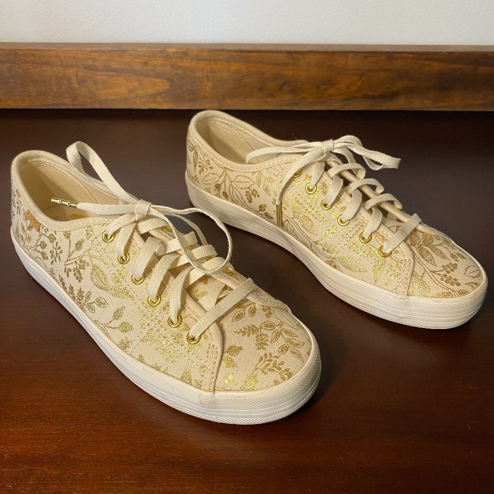 Keds x Rifle Paper Co. Gold Print Floral Cream Laced Sneakers Womens Size 5.5
